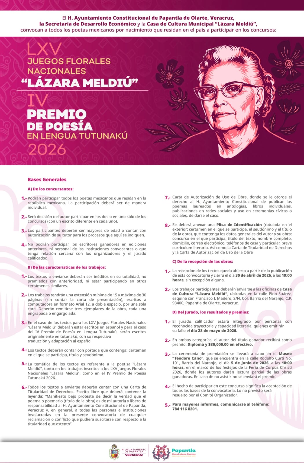Convocatoria Premio Nacional de Poesía Lázara Meldiú 2026 en Papantla, Veracruz